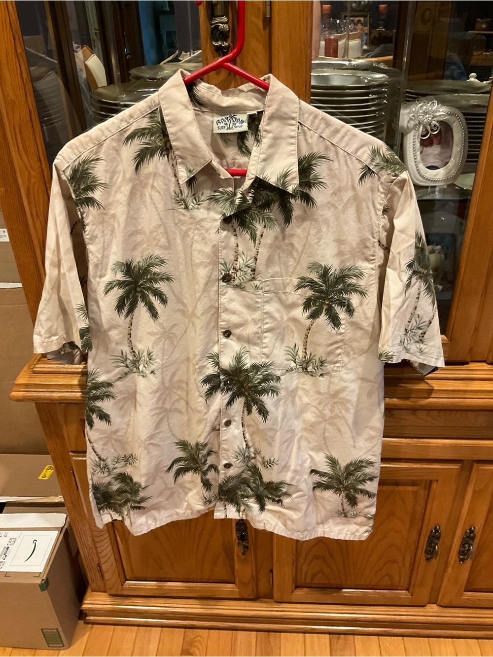 Men's Ron Jon Beige Palm-Print Short-Sleeve Button-Down Shirt Large